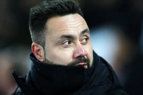 Roberto De Zerbi, Manager of Brighton & Hove Albion, looks on prior to the Premier League match between Brighton & Hove Albion and Brentford FC at American Express Community Stadium on December 06, 2023 in Brighton, England. (Photo by Steve Bardens/Getty Images)