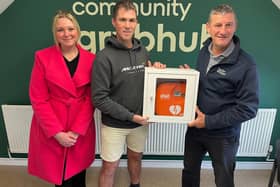 Rushmoor Borough Council Cabinet Champion, Lisa Greenway pictured with Steven Baxendale, Director at the Grub Hub and Taylor Wimpey's Simon Wakerley, Construction Manager at Admiral Park