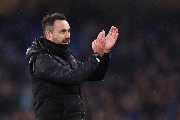 Roberto De Zerbi, Manager of Brighton & Hove Albion, applauds the fans following the Premier League draw at Everton