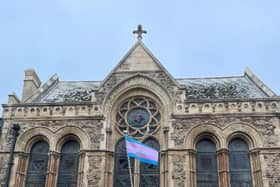 The transgender pride flag at the town hall in Hastings on March 31, which is International Transgender Day of Visibility