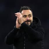 Roberto De Zerbi, Manager of Brighton & Hove Albion, applauds the fans following the team's victory during the UEFA Europa League 2023/24 match between AFC Ajax and Brighton & Hove Albion at Johan Cruijff Arena on November 09, 2023 in Amsterdam, Netherlands. (Photo by Dean Mouhtaropoulos/Getty Images)