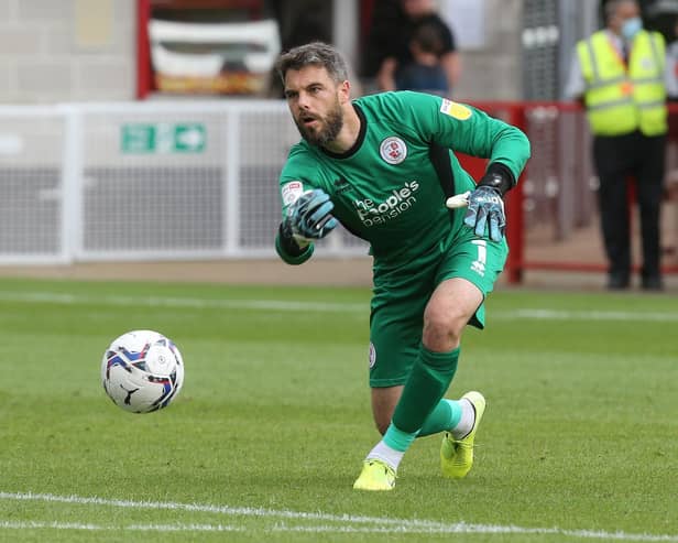 Glenn Morris of Crawley Town in action during to the Sky Bet League Two match between Crawley Town and Northampton Town at The People's Pension Stadium on August 28, 2021 in Crawley, England. (Photo by Pete Norton/Getty Images)
