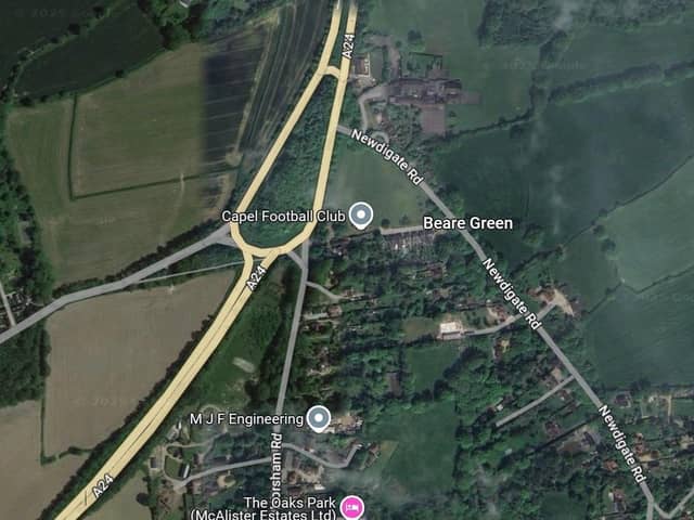 Police are appealing for witnesses following a collision on the southbound carriageway of the A24 Horsham Road at Beare Green. Picture courtesy of Google