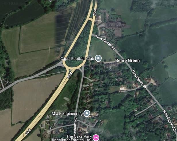 Police are appealing for witnesses following a collision on the southbound carriageway of the A24 Horsham Road at Beare Green. Picture courtesy of Google