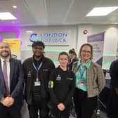 Crawley MP Peter Lamb, apprentices Olivia Bushell and Vin Jacques, and Alison Addy, London Gatwick's Head of External Engagement and Policy, at the Apprenticeship Fair | Picture: Mark Dunford