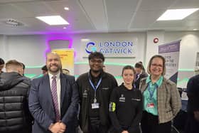Crawley MP Peter Lamb, apprentices Olivia Bushell and Vin Jacques, and Alison Addy, London Gatwick's Head of External Engagement and Policy, at the Apprenticeship Fair | Picture: Mark Dunford