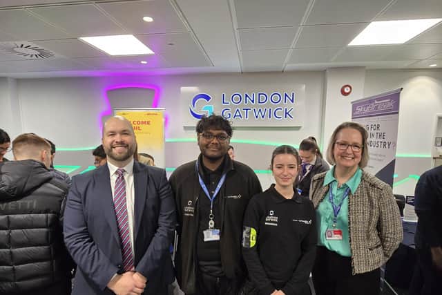 Crawley MP Peter Lamb, apprentices Olivia Bushell and Vin Jacques, and Alison Addy, London Gatwick's Head of External Engagement and Policy, at the Apprenticeship Fair | Picture: Mark Dunford