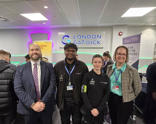 Crawley MP Peter Lamb, apprentices Olivia Bushell and Vin Jacques, and Alison Addy, London Gatwick's Head of External Engagement and Policy, at the Apprenticeship Fair | Picture: Mark Dunford