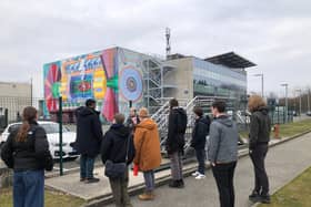 Students outside the ATLAS building at CERN.