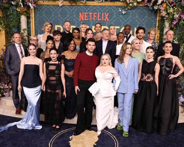 NEW YORK, NEW YORK - MAY 13: Cast and crew of Netflix's "Bridgerton" Season 3 pose at the World Premiere at Alice Tully Hall, Lincoln Center on May 13, 2024 in New York City. (Photo by Jamie McCarthy/Getty Images)