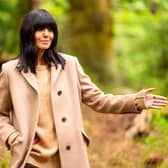 The Traitors Claudia Winkleman does country luxe in a cream Gucci coat. Picture BBC, Studio Lambert, Euan Cherry