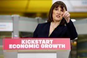 British Chancellor Rachel Reeves gestures during a speech on economic growth for Britain at Siemens Healthineers. (Photo by Peter Cziborra - WPA Pool/Getty Images)