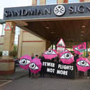 Extinction Rebellion joined with local residents, Gatwick campaign groups, as well as local politicians and councillors, to demonstrate outside the Sandman Signature hotel – where the six month planning inquiry is being conducted – in support of the Climate Specific Hearing and to call on the inspectorate to oppose Gatwick Airport’s expansion plans. Picture courtesy of James Knapp