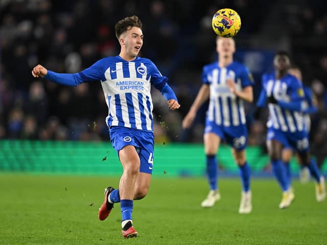 Jack Hinshelwood of Brighton in action during the Premier League match between Brighton & Hove Albion and Brentford FC at American Express Community Stadium on December 06, 2023 in Brighton, England. (Photo by Mike Hewitt/Getty Images)