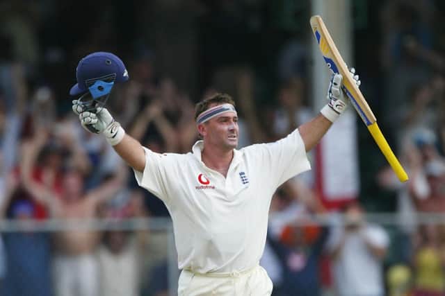 Graham Thorpe of England celebrates reaching his century during day two of the 3rd Test match between the West Indies and England at the Kensington Park Oval cricket ground, on April 2, 2004, in Bridgetown, Barbados.  (Photo by Tom Shaw/Getty Images)