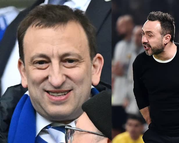 Roberto De Zerbi and Tony Bloom have won prizes at the 2023 Golden Boy Awards ceremony in Turin. Picture: Getty