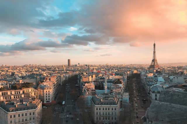 aerial view of city buildings during sunset