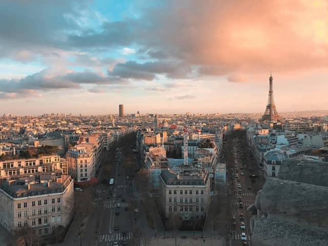 aerial view of city buildings during sunset