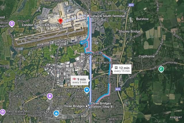 A points failure between Gatwick Airport and Three Bridges means some lines are blocked, Southern have reported. Picture courtesy of Google