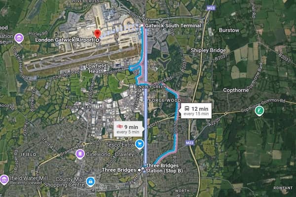 A points failure between Gatwick Airport and Three Bridges means some lines are blocked, Southern have reported. Picture courtesy of Google