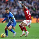 Joel Veltman of Brighton & Hove Albion controls the ball whilst under pressure from Danilo of Nottingham Forest during the Premier League match between Nottingham Forest and Brighton & Hove Albion at City Ground on November 25, 2023 in Nottingham, England. (Photo by Eddie Keogh/Getty Images)