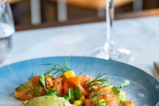 Chalk-stream smoked trout, avocado, mango, salted corn, wasabi peas