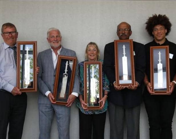 From left to right: Ron Pearson, Keith Cook, Helen Smith, Raj Cherodian, Buster Lawrence (collecting on behalf of his father, David) and Alec Stewart receive their awards as the ECB’s inaugural Honorary Life Vice-Presidents (Photo: ECB/Steve Bardens)