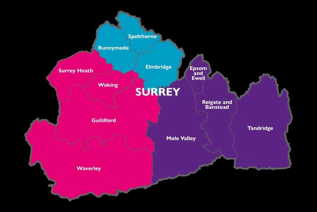 Three Unitary Map for Surrey. (Credit: Elmbridge Borough Council) Permission for use.