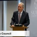 Cllr Tim Oliver, Surrey County Council leader, making his final address to full council as the outgoing leader. (Credit: Surrey County Council livestream)