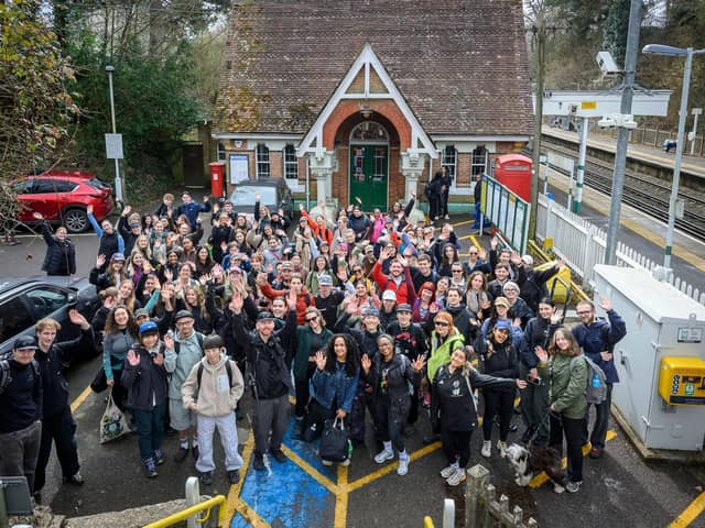 Hiking attendees outside Box Hill and Westhumble station