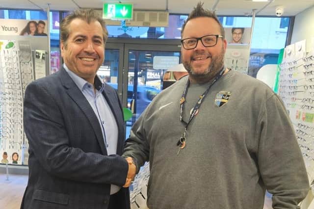 Kirk Ritchie, Surrey FA (right), with Specsavers Dorking opthalmic director Yehia Al-Omari. Pictures contributed