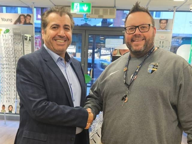 Kirk Ritchie, Surrey FA (right), with Specsavers Dorking opthalmic director Yehia Al-Omari. Pictures contributed