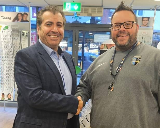 Kirk Ritchie, Surrey FA (right), with Specsavers Dorking opthalmic director Yehia Al-Omari. Pictures contributed
