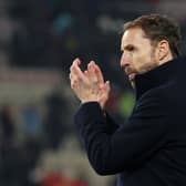 Gareth Southgate, Head Coach of England, applauds the fans after the draw in the UEFA EURO 2024 European qualifier match between North Macedonia and England at National Arena Todor Proeski on November 20, 2023 in Skopje, Macedonia. (Photo by Alex Grimm/Getty Images)