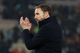 Gareth Southgate, Head Coach of England, applauds the fans after the draw in the UEFA EURO 2024 European qualifier match between North Macedonia and England at National Arena Todor Proeski on November 20, 2023 in Skopje, Macedonia. (Photo by Alex Grimm/Getty Images)