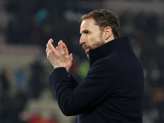 Gareth Southgate, Head Coach of England, applauds the fans after the draw in the UEFA EURO 2024 European qualifier match between North Macedonia and England at National Arena Todor Proeski on November 20, 2023 in Skopje, Macedonia. (Photo by Alex Grimm/Getty Images)