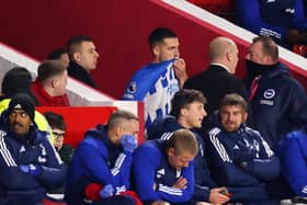 Lewis Dunk of Brighton & Hove Albion reacts after being shown a red card and leaving the pitch during the Premier League match between Nottingham Forest and Brighton & Hove Albion at City Ground on November 25, 2023 in Nottingham, England. (Photo by Marc Atkins/Getty Images)
