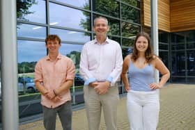 Headmaster John Green with Head Boy Ollie Bagley and Lily Murdoch celebrating A Level success