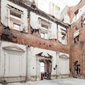 The Marble Hall looking towards the Saloon, during the post-fire salvage phase, Clandon Park House, Guildford. (National Trust Images/ James Dobbs)