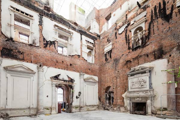 The Marble Hall looking towards the Saloon, during the post-fire salvage phase, Clandon Park House, Guildford. (National Trust Images/ James Dobbs)