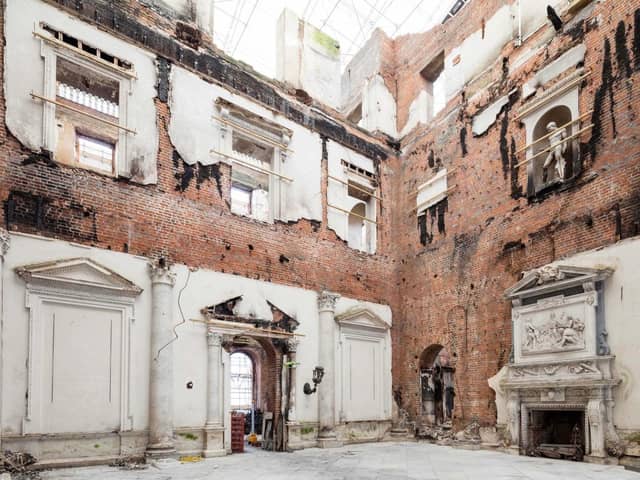 The Marble Hall looking towards the Saloon, during the post-fire salvage phase, Clandon Park House, Guildford. (National Trust Images/ James Dobbs)