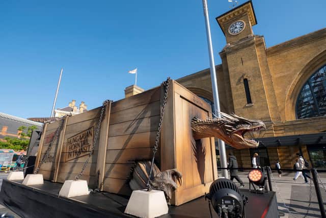 A 25-ft-long animatronic ‘Hungarian Horntail’ dragon surprises locals in [insert city] to mark the launch of the new ‘Triwizard Tournament – Making of Champions’ feature at Warner Bros. Studio Tour London, which celebrates the 20th anniversary of ‘Harry Potter and the Goblet of Fire’. Complete with a moving head, eyes and mouth, the ‘captured’ 1.3 tonne hydraulic dragon model roars and bares its teeth. The 'Triwizard Tournament – Making of Champions’ feature will run from May 15th to 8th September 2025.