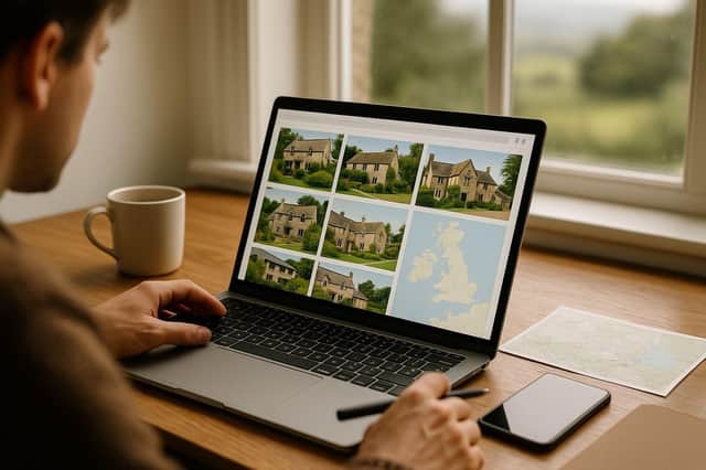 A traveller uses Selfcatering.co.uk’s new filters and map view to compare holiday cottages across Britain on a laptop.