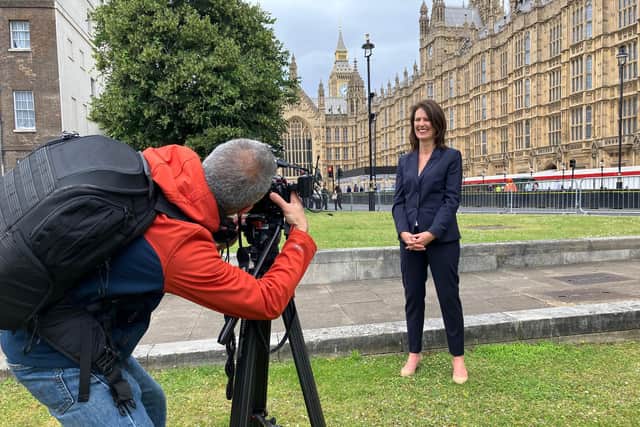 New Esher and Walton MP Monica Harding outside the Houses of Parliament | Picture: LDR Service