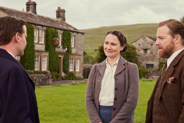 Filming has started in the Yorkshire Dales for Series 6 of All Creatures Great And Small, although as yet, cast and crew have not been spotted in their usual fliming locations. In this scene from series four, right to left, James Herriot (Nicholas Ralph) is with Mrs Hall (Anna Madeley) and Siegfried Farnon (Samuel West). Picture: Channel 5, Playground, Helen Williams