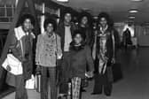 Michael Jackson and his brothers, Jackie, Tito, Marlon and Jermaine - the Jackson Five, at Heathrow Airport.   (Photo by George Stroud/Getty Images)