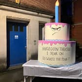 Harlequin Support Group's prop birthday cake, asking what the plan is for the theatre one year on. ((Credit: Emily Dalton/LDRS)