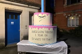 Harlequin Support Group's prop birthday cake, asking what the plan is for the theatre one year on. ((Credit: Emily Dalton/LDRS)