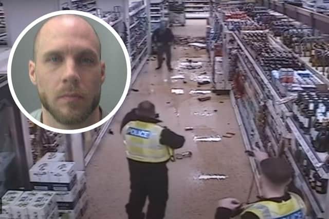Inset: Steven Clegg. Main image: A still from the Tesco CCTV footage.