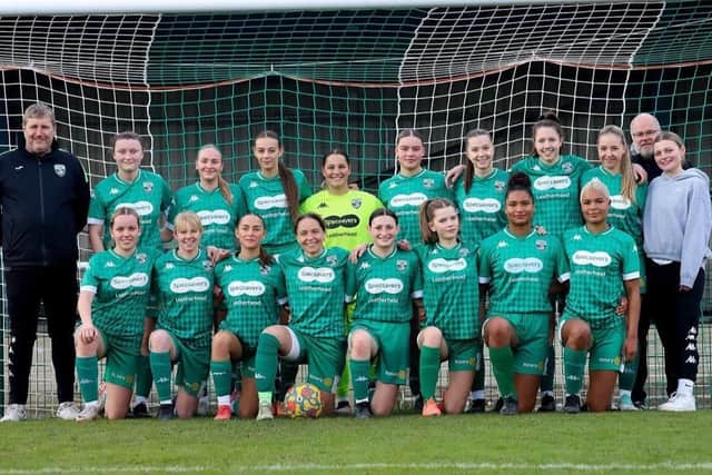 Leatherhead Women FC sporting their sponsored kits, courtesy of the Leatherhead Specsavers